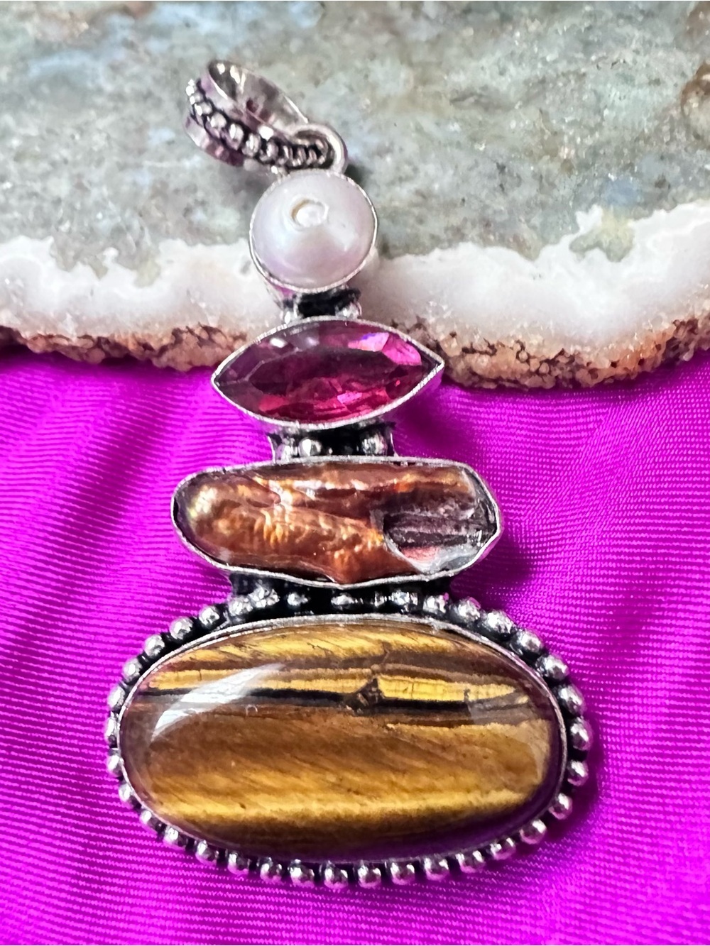 Artisan Handcrafted TIGERS EYE Silver Pendant with Brown, Pink and Pearl Accents
